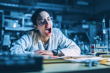 Obraz premium A tired scientist in a lab coat and glasses yawns while working late in a laboratory filled with scientific equipment.