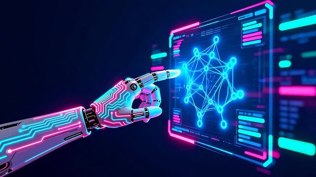 Futuristic robot hand interacting with digital interface