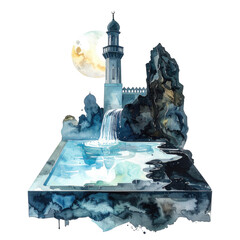 Watercolor island scene with a minaret, moon, waterfall, and pool at night