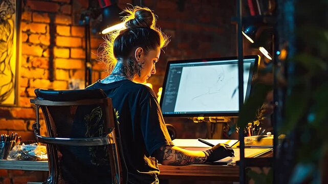 Person with tattoos working on computer