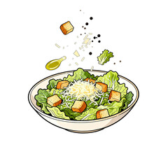 [Transparent Background PNG]Fresh Caesar Salad with Croutons and Cheese Toppings