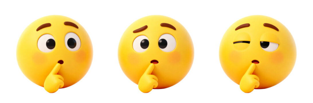 [Transparent Background PNG]Three Yellow Emojis with Finger to Lips Gesture