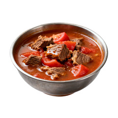 [Transparent Background PNG]Delicious beef stew with tomatoes in a metal bowl