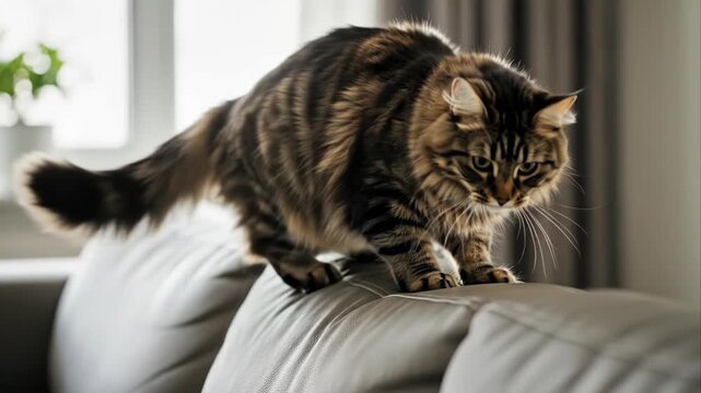 Playful fluffy tabby cat jumping on a sofa in a bright living room