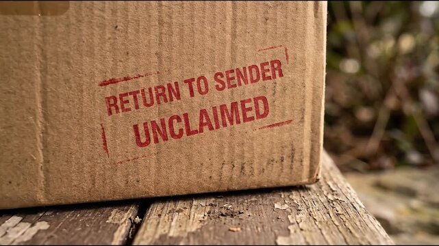 Return to sender unclaimed stamp on cardboard box placed on rustic wooden surface with blurred natural background showing undelivered mail package delivery and return process