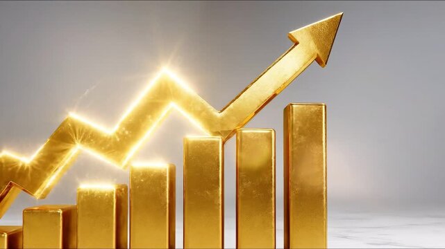 Three-dimensional golden bar graph with an upward trend arrow on a soft gradient background, reflecting financial growth and prosperity