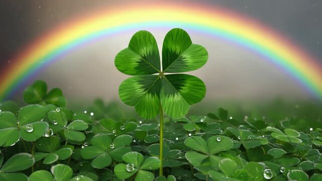 A lucky four leaf clover stands out in a lush green field covered with fresh morning dew. A vibrant rainbow arches across the sky as a symbol of good fortune and hope