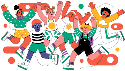 Fototapeta premium Very beautiful joyful illustration of happy kids jumping and playing in energetic action poses, colorful educational vector characters expressing friendship, teamwork, and playful childhood excitement