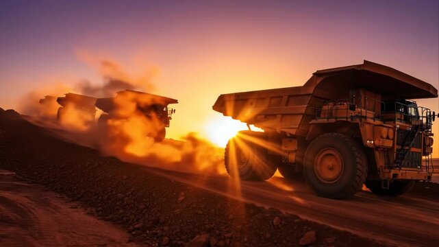 Heavy duty mining trucks driving at sunset in an open pit mine with golden dust.