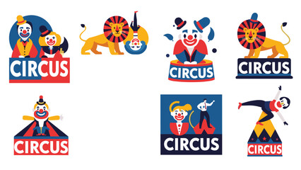 Collection of circus themed illustrations featuring clowns and lions with the word circus in a flat graphic style.