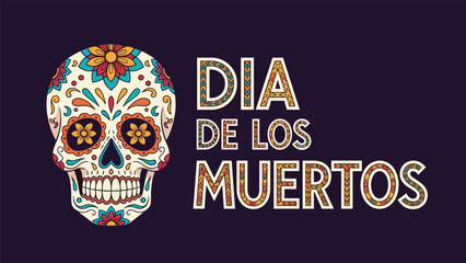 Colorful decorated sugar skull with dia de los muertos text for day of the dead celebration on a purple background.