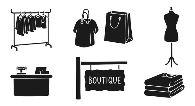 Fashion and Retail Store Shopping Icons Set. Black and White Glyph Vector Art depicting Clothing Rack, Mannequin, Shopping Bag, Boutique Sign, and Cash Register.