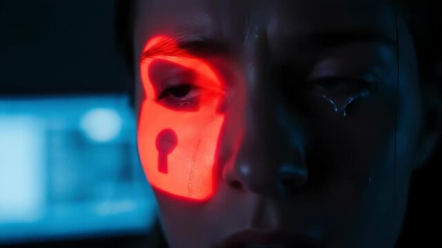 Woman with red digital lock icon projected on her face for cybersecurity concept