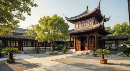 Fototapeta premium Traditional Chinese garden courtyard with ornate pavilion and manicured trees.