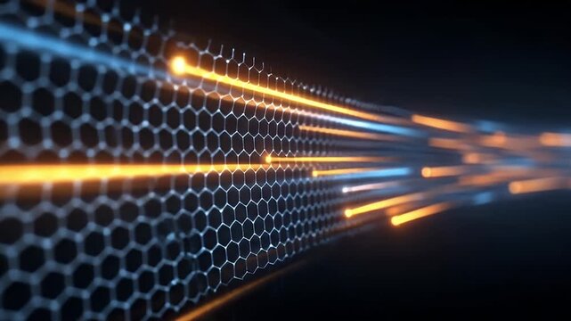Digital futuristic hexagonal grid glowing orange blue light streaks creating dynamic technology background depth motion effect abstract pattern concept seamless design