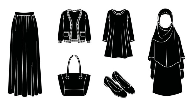 Fashion Industry Modest Women's Clothing and Accessories Black and White Glyph Icons. Hijab, Skirt, Dress, Cardigan, Tote Bag, and Flat Shoes Silhouette Art.