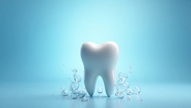 Forma de diente brillante rodeada de burbujas de agua brillante y un brillo de luz suave sobre un fondo azul limpio