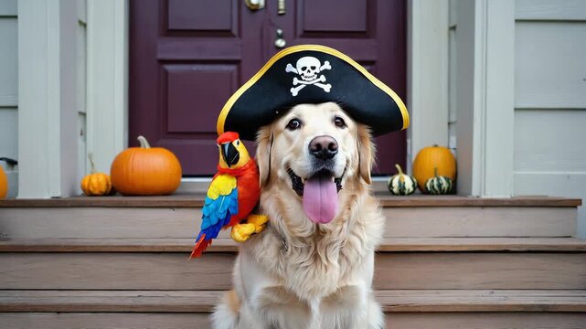 Funny golden retriever dog in a pirate costume for halloween. Cute pet sitting on the front porch steps with a toy parrot and pumpkins for trick or treating celebration