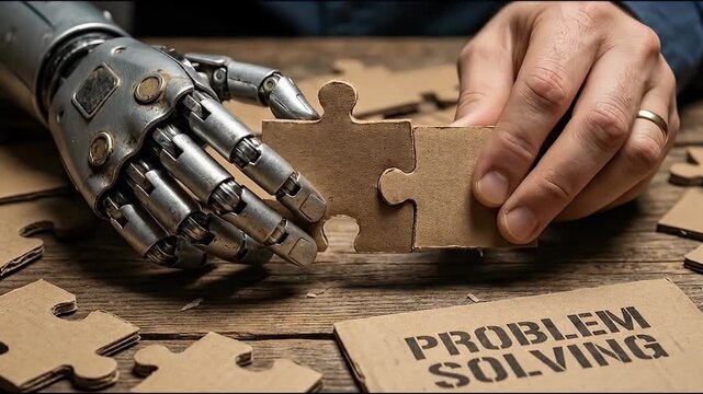 Robot hand and human hand puzzle piece problem solving teamwork collaboration wooden table cooperation connection artificial intelligence metal fingers close up interaction challenge solution