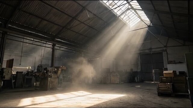 Sunlight dust beams rays fill abandoned industrial warehouse empty space with old machinery wooden crates dusty storage light interior factory metal roof shadows particles workshop equipment
