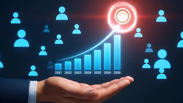 Business growth chart target goal hand holding digital graph upward arrow people icons increasing success audience engagement timeline 2021 to 2026 blue glow dark background