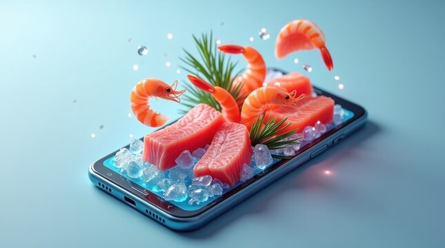 Maqueta de tel&eacute;fono inteligente con un dise&ntilde;o elegante y moderno, que presenta una variedad de mariscos frescos