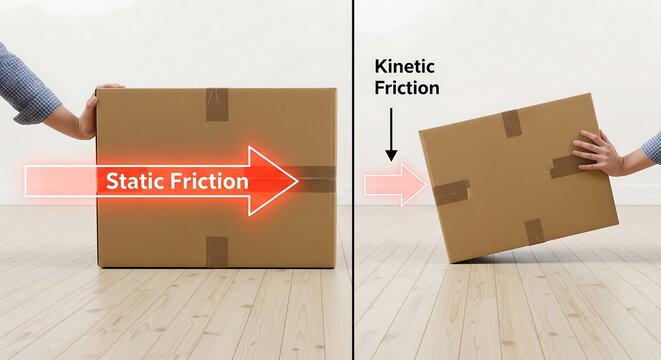 Static vs Kinetic Friction: Cardboard Box Stationary Then Moving on Wood Floor, Physics Concept Demonstration