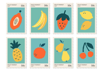 Obraz premium Fruit Market Postage Stamp Collection Minimalist Flat Vector Set