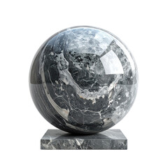 Glossy sphere with marble texture, resting on a matching square base, set against black backdrop