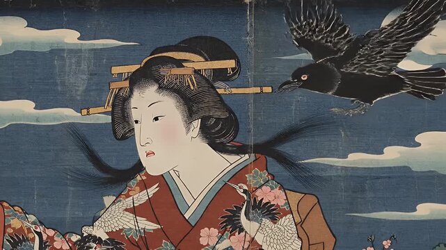 Elegant 18th- or Meiji-era Japanese ukiyo-e style portrait of a geisha beside blossoming flowers and a soaring crow against a blue sky