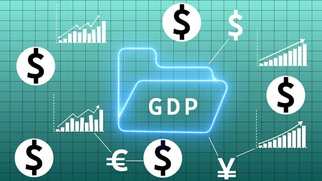 Glowing neon blue folder with the text GDP inside surrounded by ascending bar charts and dollar euro yen currency symbols on a teal grid background representing economic data