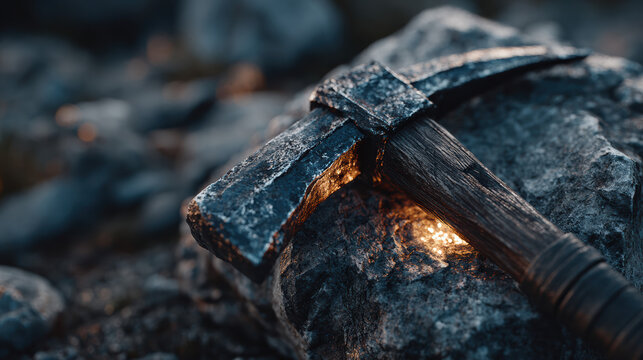 Pickaxe embedded in rock revealing glowing gold core, mining, unlocking hidden value 