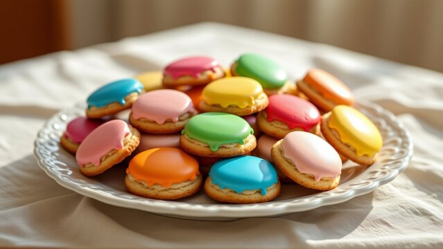 plate colorful macarons white tablecloth plate round has scalloped edge macaroons total arranged circular pattern plate macaron covered different color pink blue green yellow orange white colors