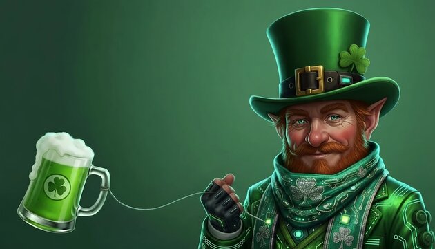 Leprechaun man in green cyber outfit with a digital beer mug on a leash. St Patrick Day celebration with modern technology concept.