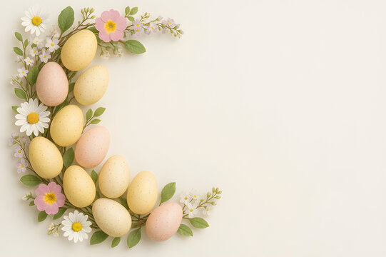 Crescent Frame of Speckled Easter Eggs and Wildflowers on White