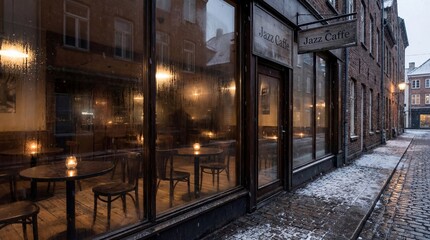 Quiet winter street with a cozy cafe window glowing warmly, capturing a peaceful urban evening atmosphere with snow and reflections.