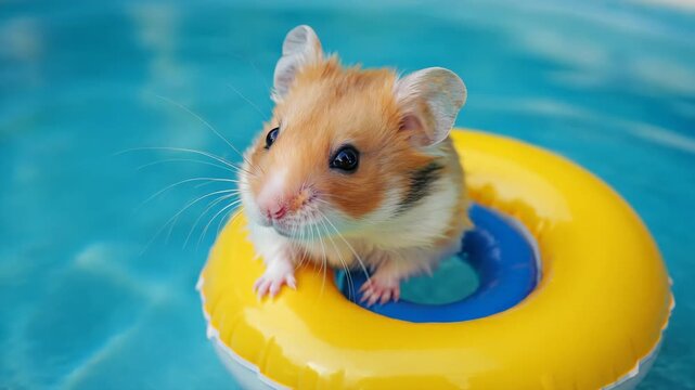 Adorable hamster relaxing on a small inflatable ring in a swimming pool. Funny pet enjoying a summer vacation for a cute animal leisure and travel concept banner