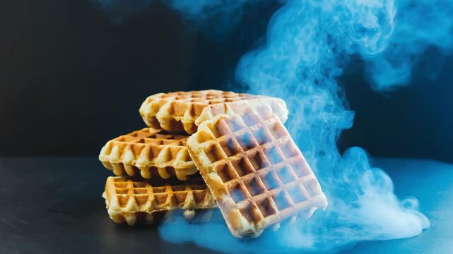 Sequence of images showing stacked belgian waffles with mysterious blue vapor. A creative food concept for a sweet breakfast or dessert menu advertisement banner