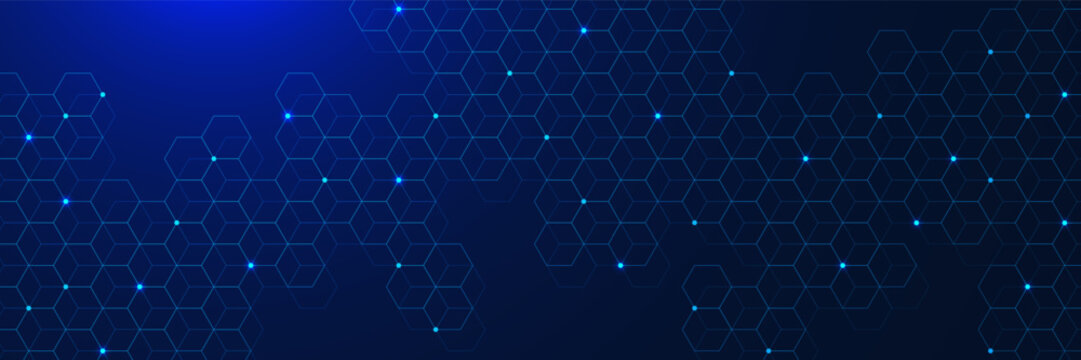 Futuristic hexagon pattern and glowing nodes on dark blue background. Big data visualization. Design for network connection technology, internet and science. Vector
