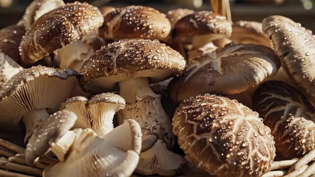 Freshly Harvested Mushrooms in a Wicker Basket on a Wooden Table.