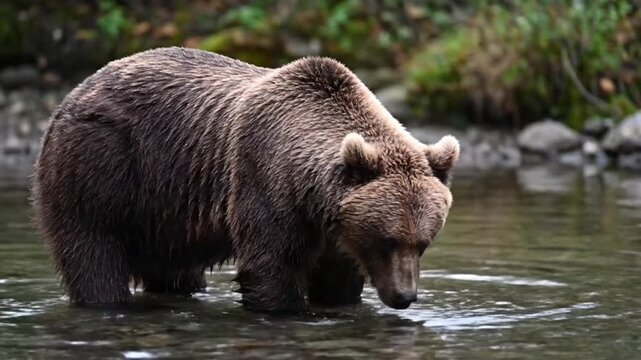 Brown Bear Searching for Fish in Shallow River