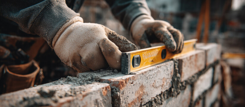 Construction worker's hands placing a brick on mortar, using a spirit level to ensure accuracy during modern wall building