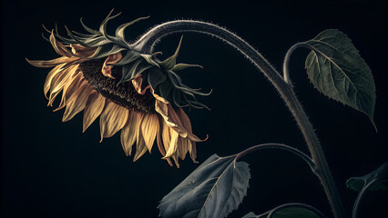 Gothic Wilted Sunflower &mdash; Dark, moody, partially decayed petals on black.
