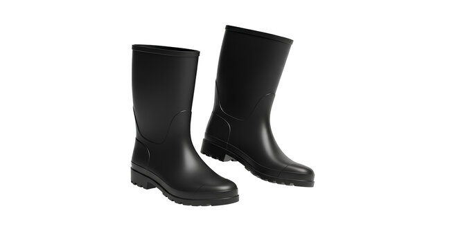 Black Rubber Boots PNG. Pair of dark black rain wellies floating isolated. Waterproof protective footwear for wet autumn weather industrial work and muddy puddles PNG