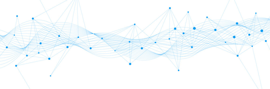 Abstract technology background with blue plexus and wave flow. Modern big data visualization and network connection. Design for scientific research. Vector