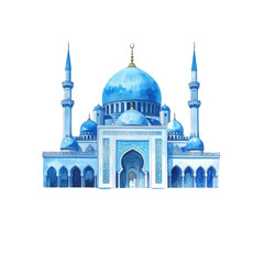 Watercolor illustration of a majestic blue Islamic mosque with multiple domes and tall minarets