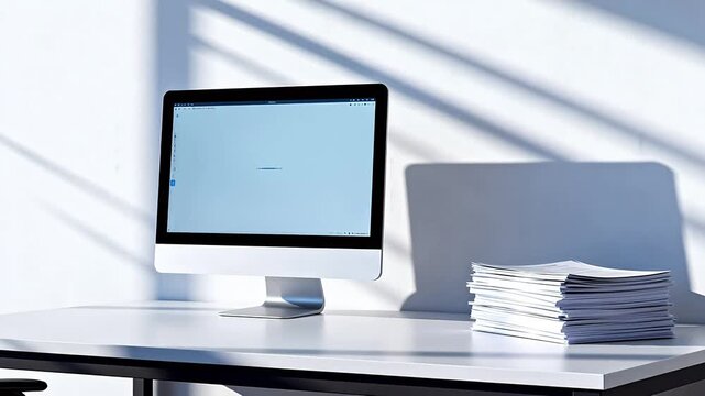 Clean white office desk with black computer monitor and stack of files in bright room