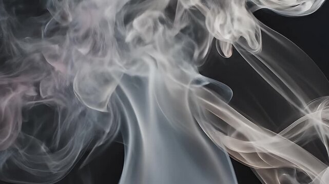 Elegant Smoke Plumes on Dark Background - This video features elegant white and pink smoke plumes swirling and dancing in atmospheric motion against a dark background.
