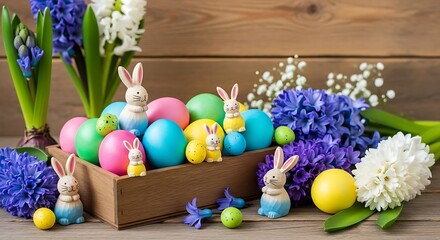 Obraz premium Colorful Easter eggs and festive bunny figurines adorn a rustic wooden surface with blooming...