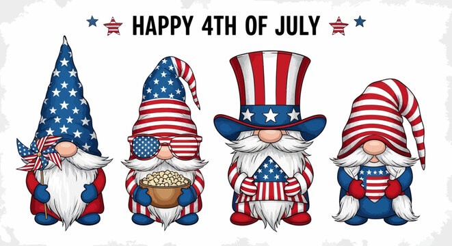 Patriotic gnomes celebrating 4th of July with American flags and decorations in a festive scene